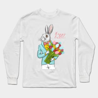Happy Easter rabbit hipster with flowers and eggs Long Sleeve T-Shirt